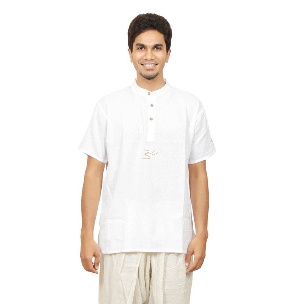 Men’s 100% organic cotton kurta with embroidered (White) "Aum". Short sleeved short kurta. Relaxed fit.