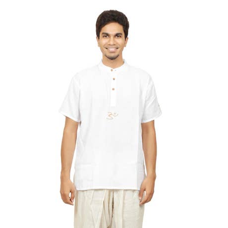 Men’s 100% organic cotton kurta with embroidered (White) "Aum". Short sleeved short kurta. Relaxed fit.