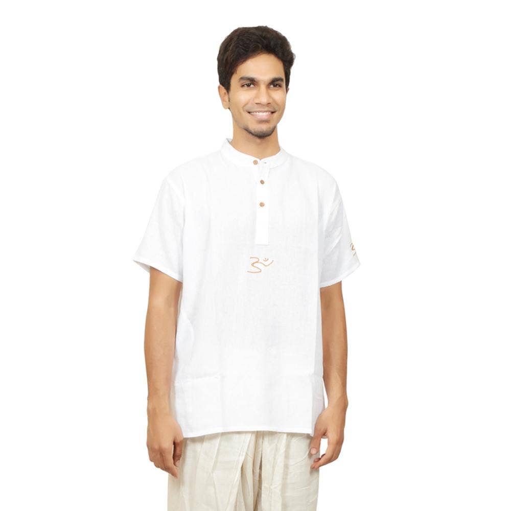Men’s 100% organic cotton kurta with embroidered (White) "Aum". Short sleeved short kurta. Relaxed fit.
