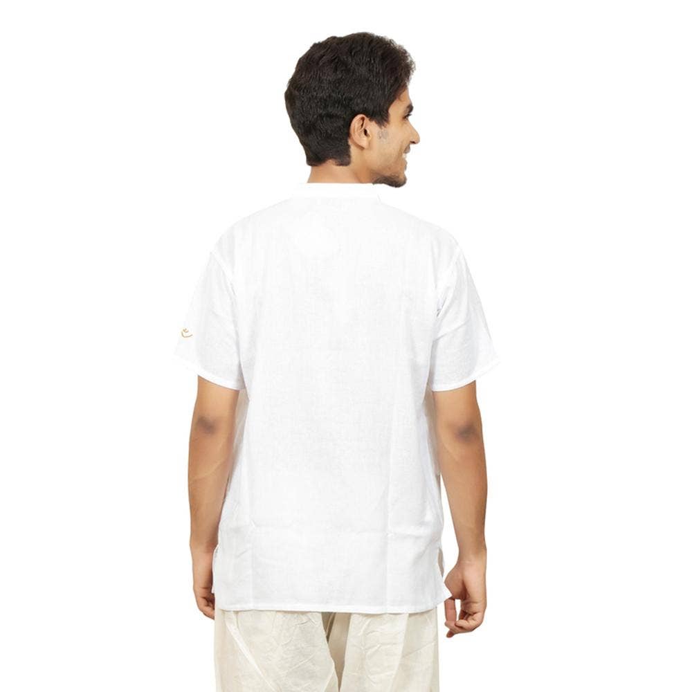 Men’s 100% organic cotton kurta with embroidered (White) "Aum". Short sleeved short kurta. Relaxed fit.