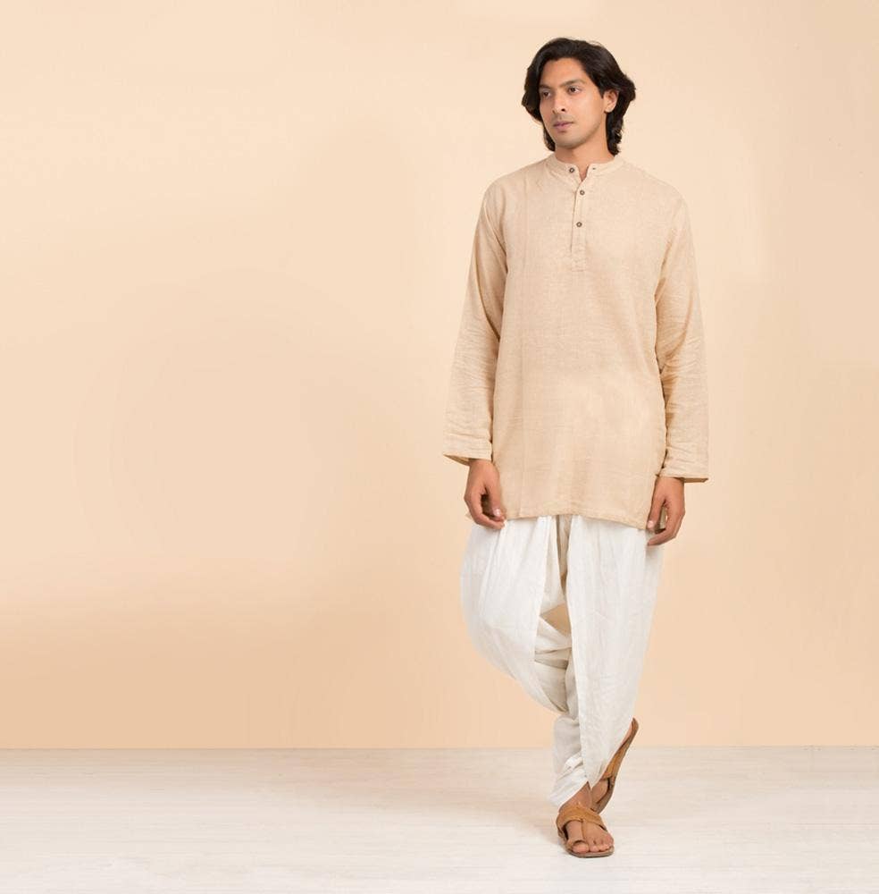 Hemp Long Sleeve Kurta for Men, Beige  
