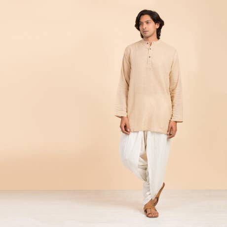 Hemp Long Sleeve Kurta for Men, Beige  