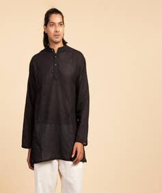 Hemp Long Sleeve Kurta for Men, Black