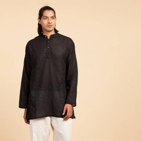 Hemp Long Sleeve Kurta for Men, Black