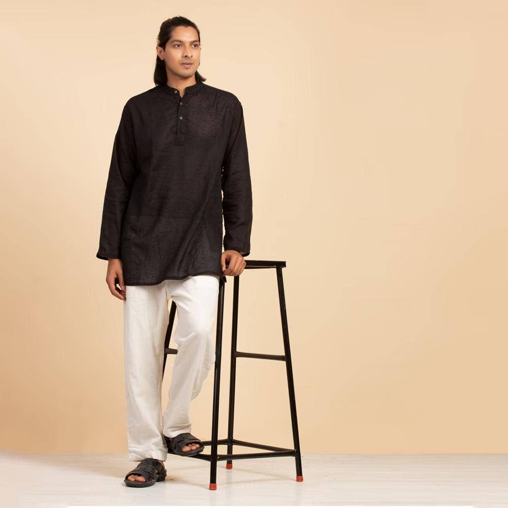 Isha Life Men’s Cotton Linen Kurta. Black. Full sleeves. Minimalist design. Natural fibers