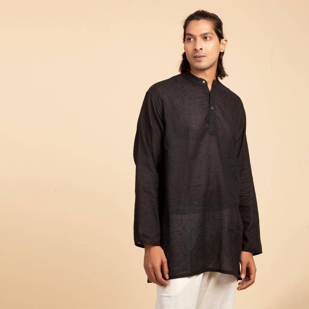 Isha Life Men’s Cotton Linen Kurta. Black. Full sleeves. Minimalist design. Natural fibers