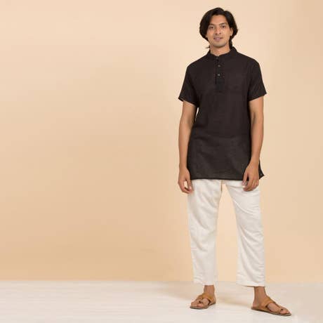 Hemp Short Sleeve Kurta for Men, Black
