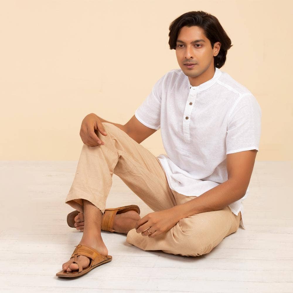 Isha Life Men’s Cotton Linen Kurta. Solid white. Half sleeves. Minimalist design. Natural fibers.