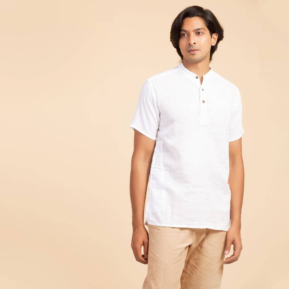 Isha Life Men’s Cotton Linen Kurta. Solid white. Half sleeves. Minimalist design. Natural fibers.