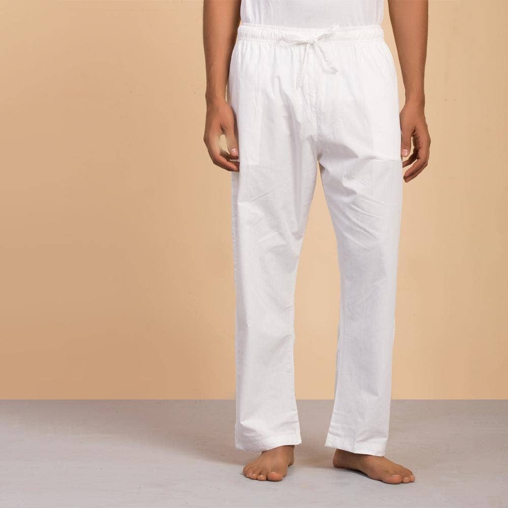 Men's Organic Cotton Drawstring Pants (white). Breathable fabric. Comfortable for Sadhana. 