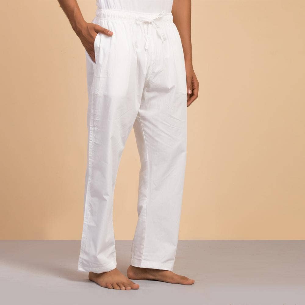 Men's Organic Cotton Drawstring Pants (white). Breathable fabric. Comfortable for Sadhana. 