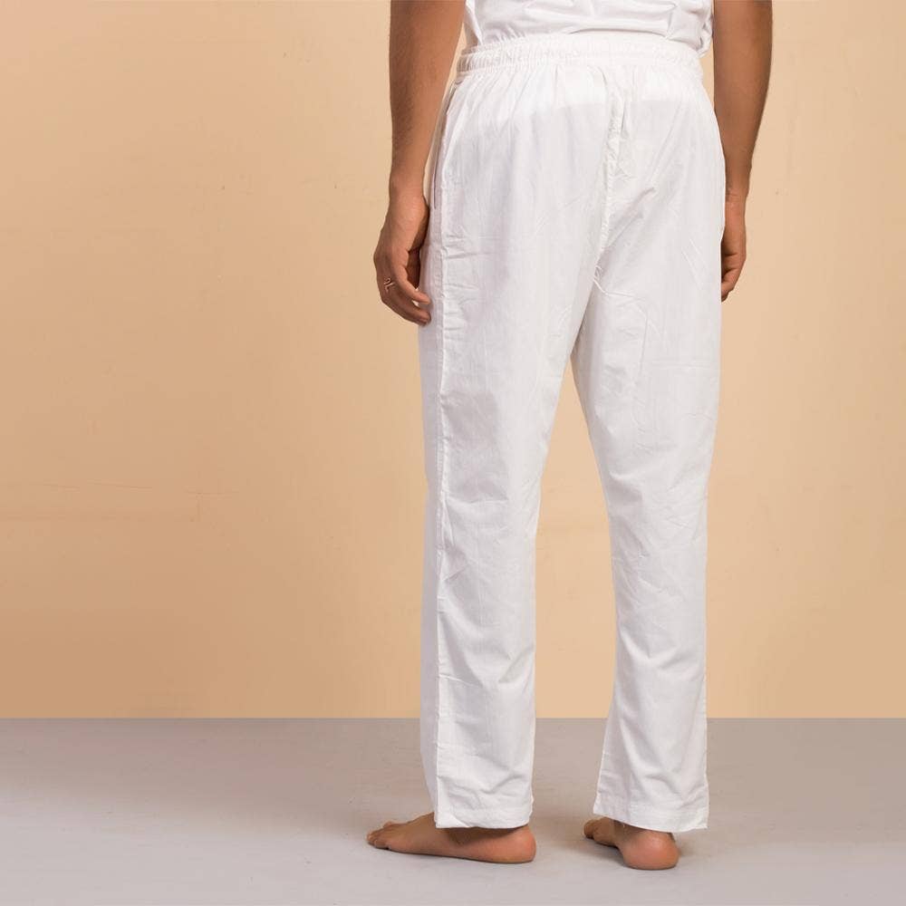Men's Organic Cotton Drawstring Pants (white). Breathable fabric. Comfortable for Sadhana. 
