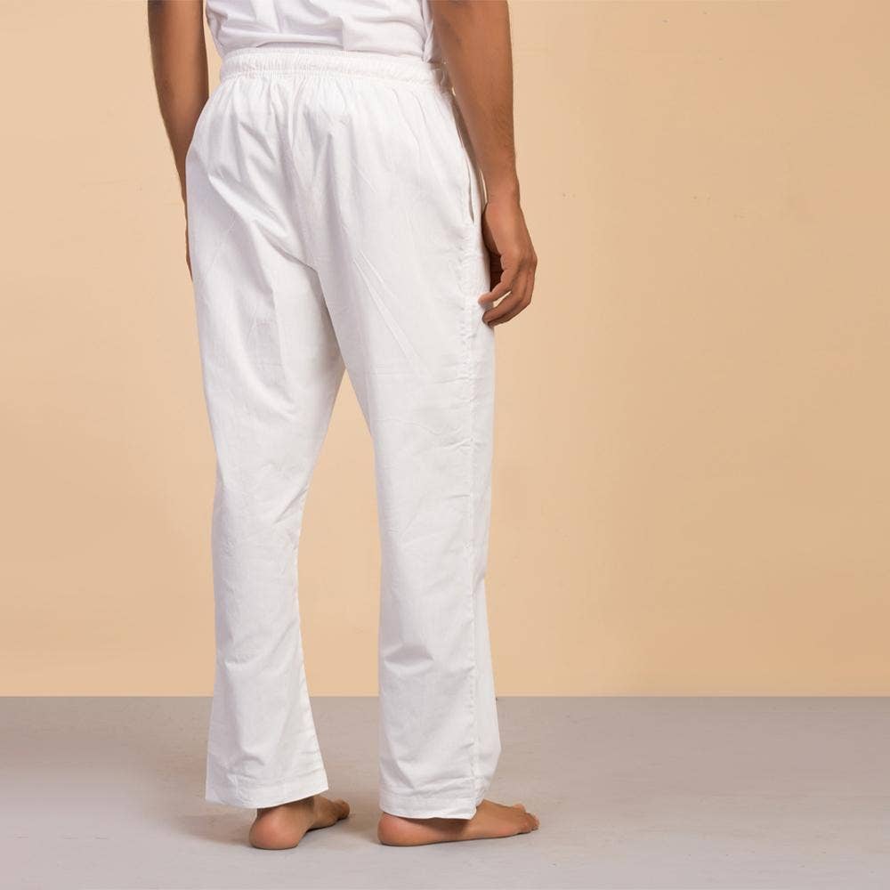 Men's Organic Cotton Drawstring Pants (white). Breathable fabric. Comfortable for Sadhana. 