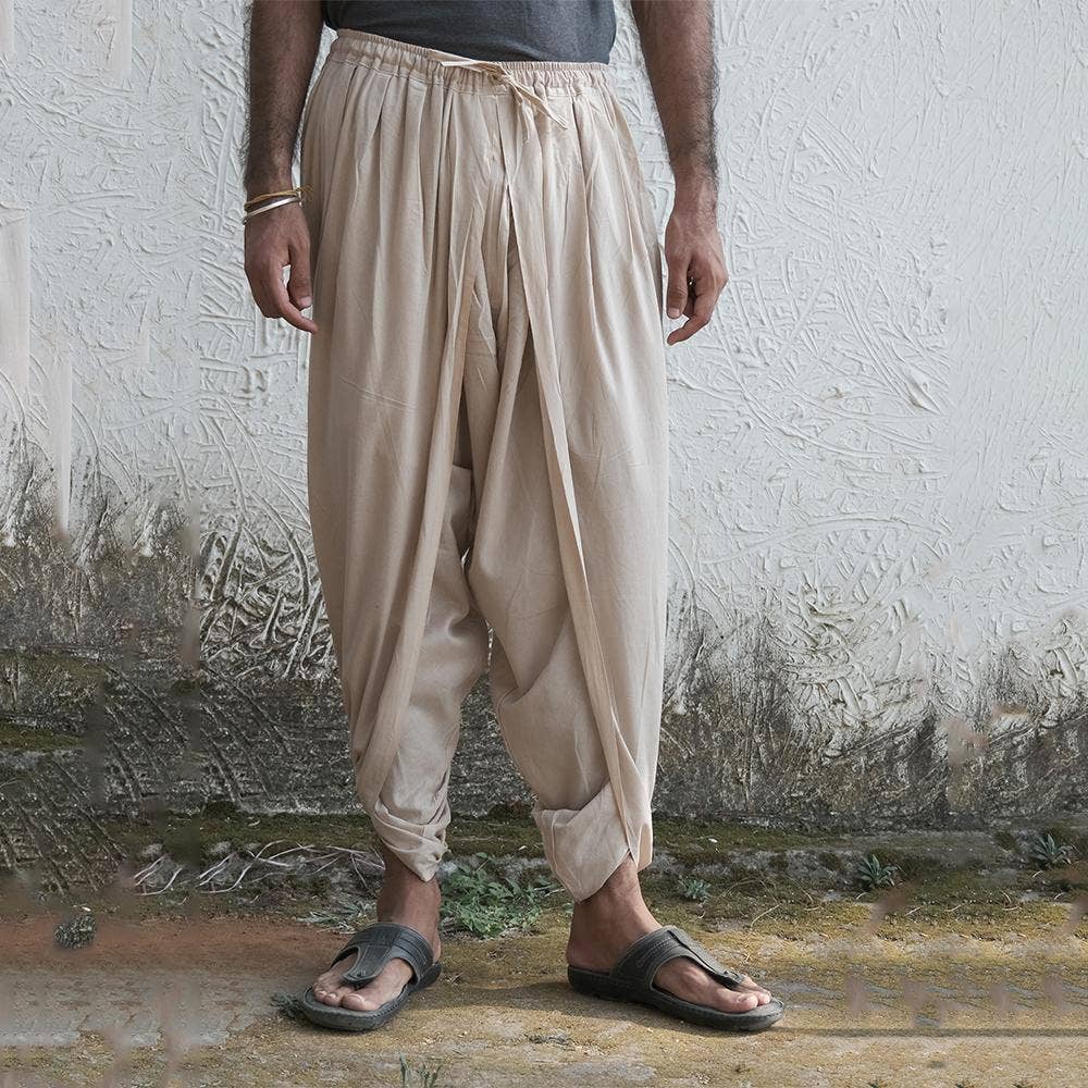 Isha’s signature. Ready to wear Unisex Dhoti Pants (Beige) / Panchakacham. Organic cotton. Easy to pull on. Versatile. Comfortable for both casual and formal wear. 