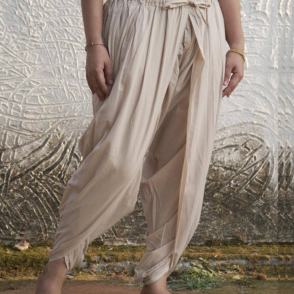 Isha’s signature. Ready to wear Unisex Dhoti Pants (Beige) / Panchakacham. Organic cotton. Easy to pull on. Versatile. Comfortable for both casual and formal wear. 