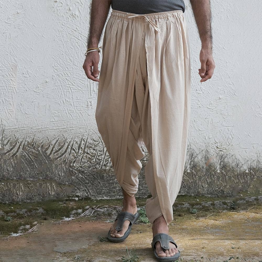 Isha’s signature. Ready to wear Unisex Dhoti Pants (Beige) / Panchakacham. Organic cotton. Easy to pull on. Versatile. Comfortable for both casual and formal wear. 