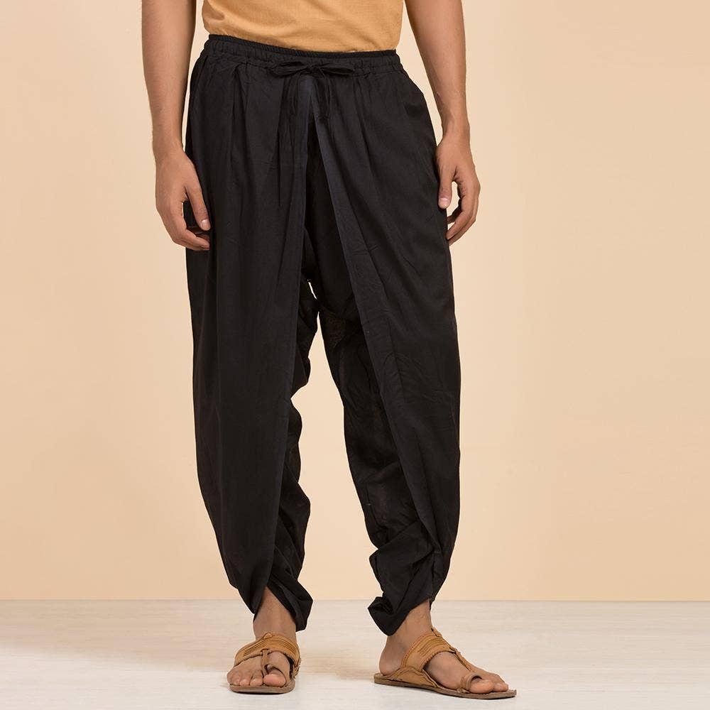 Isha’s signature. Ready to wear Unisex Dhoti Pants(Black) / Panchakacham.  Organic cotton. Easy to pull on. Versatile. Comfortable for both casual and formal wear.
