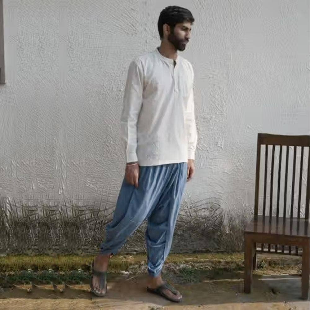 Isha’s signature. Ready to wear Unisex Dhoti Pants (Indigo) / Panchakacham. Easy to pull on. Versatile. Comfortable for both casual and formal wear.
