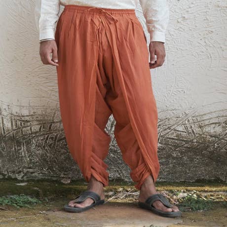 Isha’s signature. Ready to wear Unisex Dhoti Pants (Rust) / Panchakacham. Organic cotton. Easy to pull on. Versatile. Comfortable for both casual and formal wear.