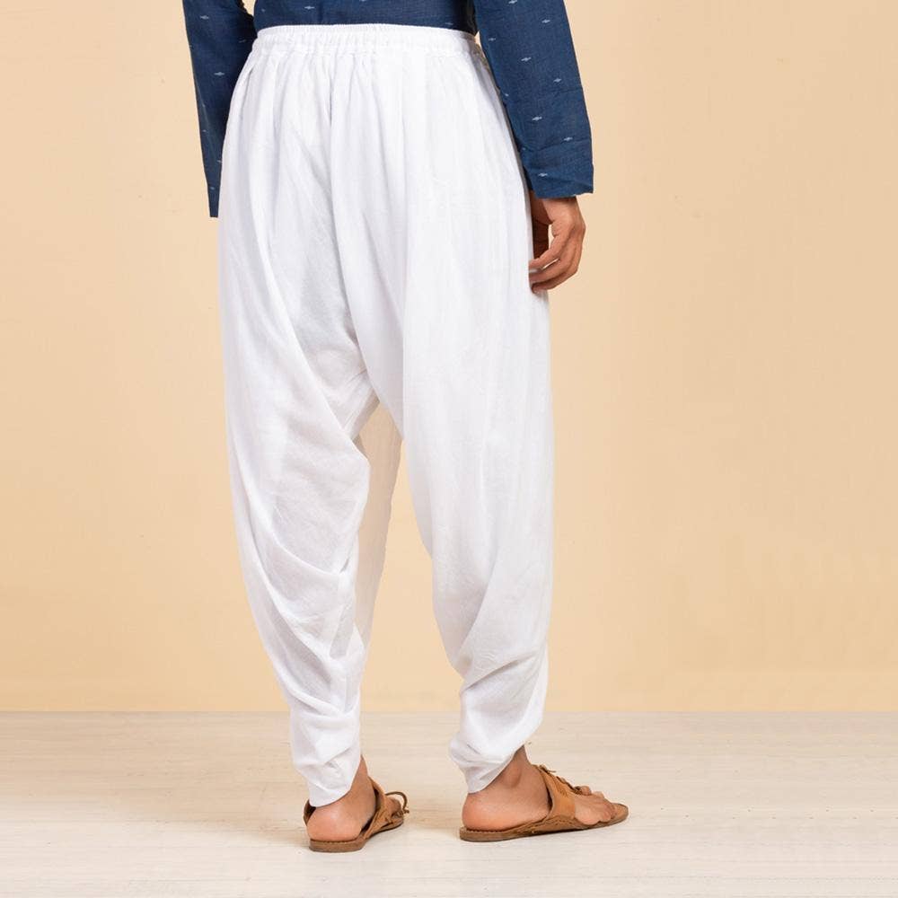 Isha’s signature. Ready to wear Unisex Dhoti Pants (White) / Panchakacham. Easy to pull on. Versatile. Comfortable for both casual and formal wear.