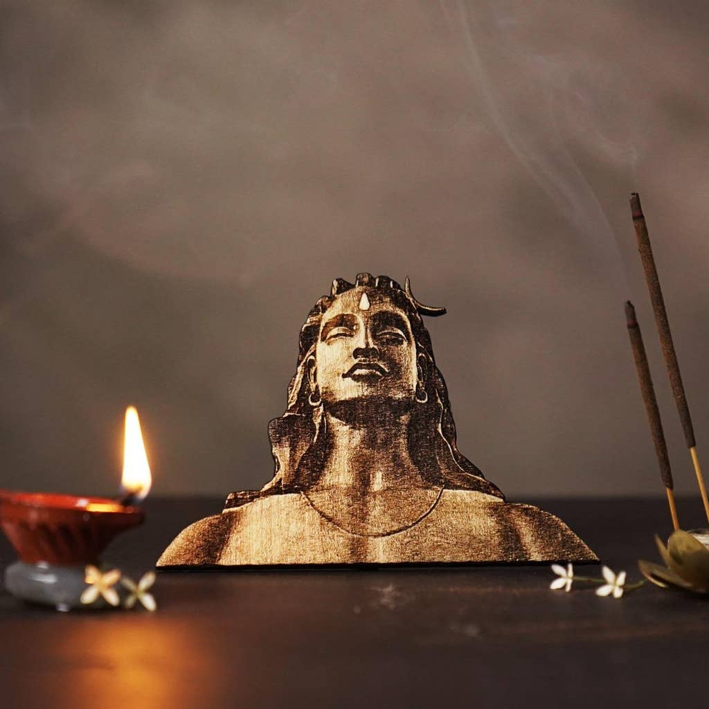 Adiyogi Etched Wooden Stand 3 inch - Small