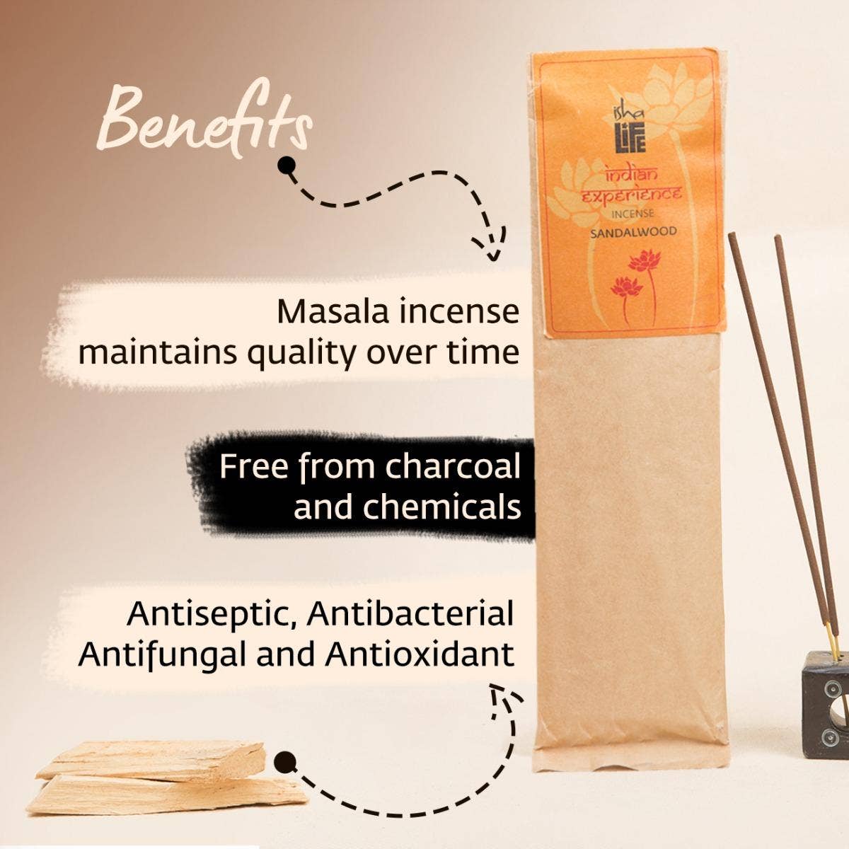 Hand rolled pure sandalwood masala incense/agarbatti. Chemical and toxin free. Ethically sourced. Natural herbs, roots & essential oils.  Pack of 50 sticks  
