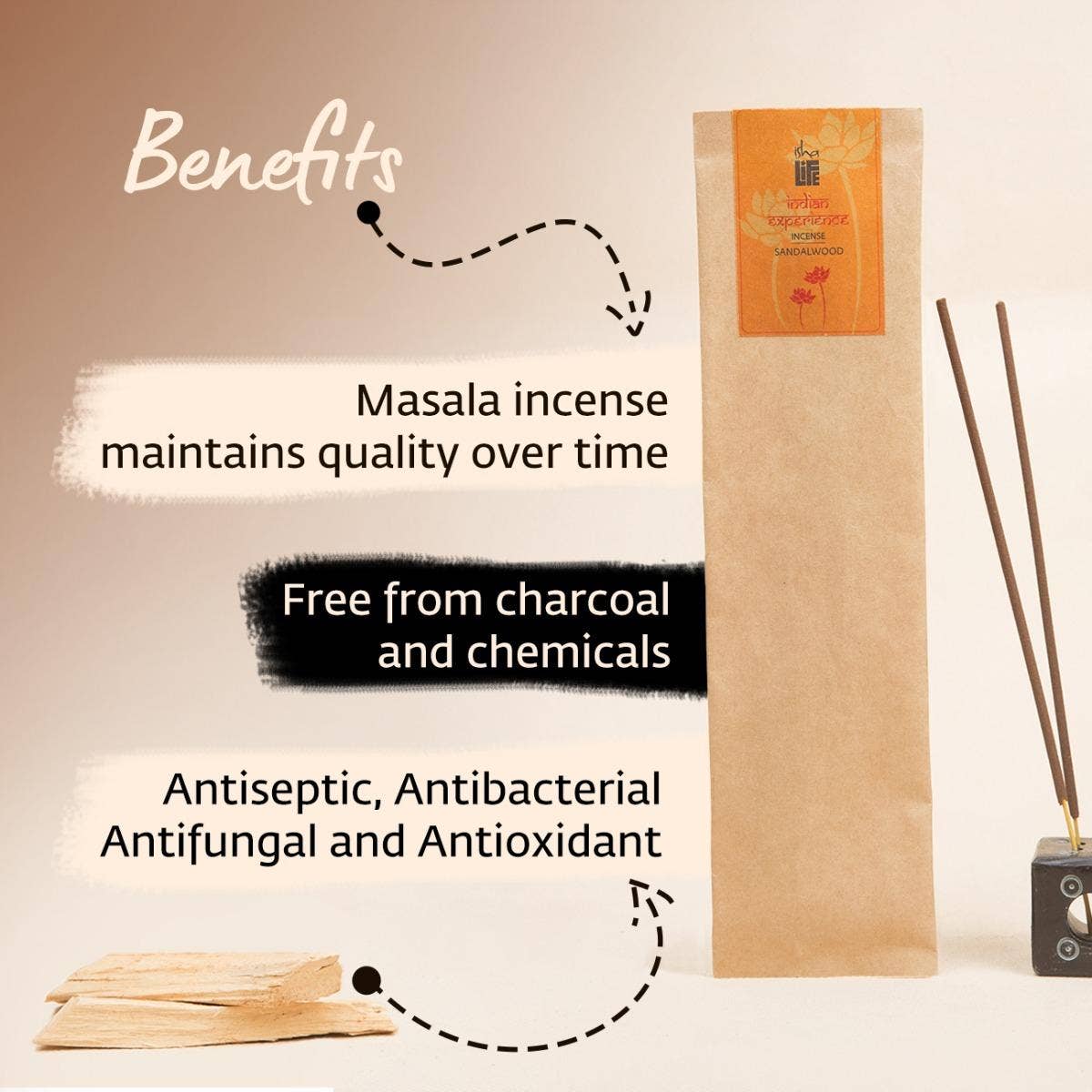 Hand rolled pure sandalwood masala incense/agarbatti. Chemical and toxin free. Ethically sourced. Natural herbs, roots & essential oils. Pack of 10 sticks