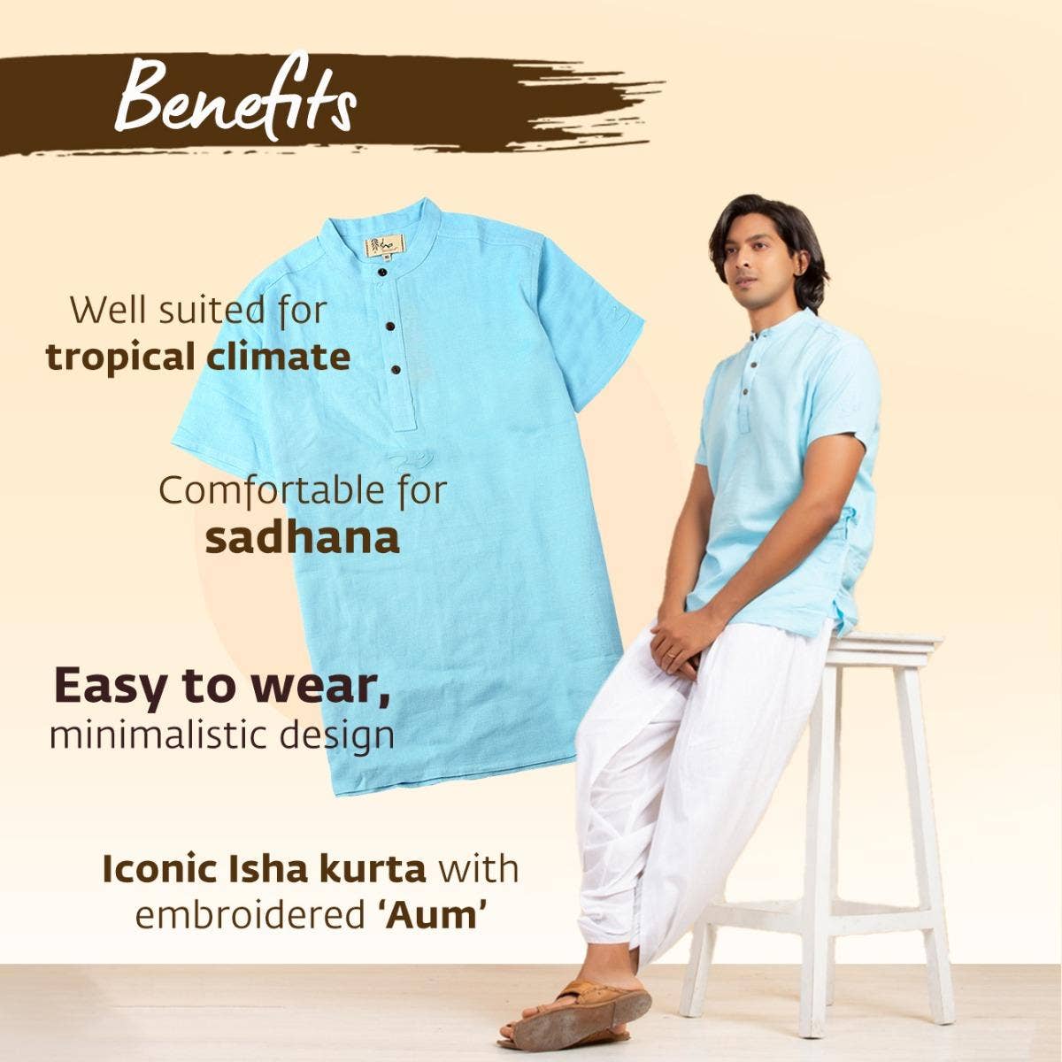 Men’s 100% organic cotton kurta with embroidered (Sky) "Aum". Short sleeved short kurta. Relaxed fit.