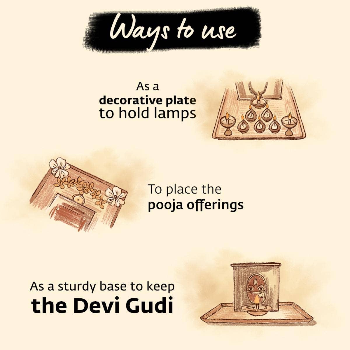 Decorative brass base plate for Devi Gudi. Intricately designed offering plate.