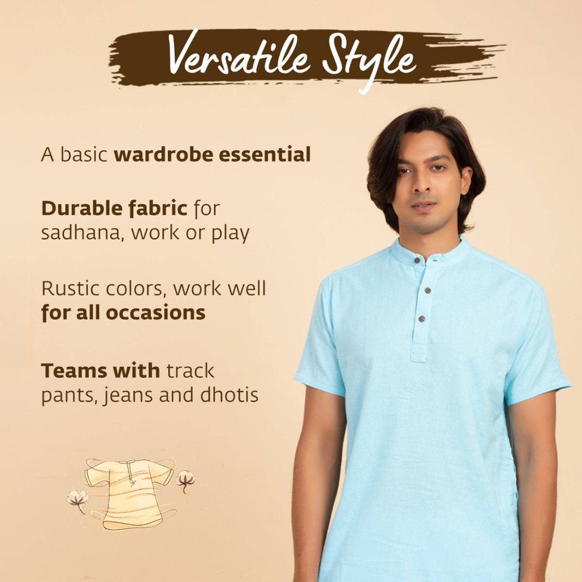 Men’s 100% organic cotton kurta with embroidered (Navy) "Aum". Long sleeved short kurta. Relaxed fit.