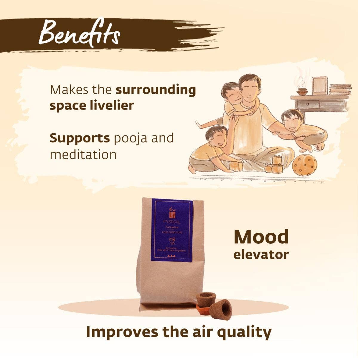 All natural handmade dasangam/dhoop powder with cow dung cups.  Original Isha fragrance. Purifies the air for poojas and sadhana. Supports rural women artisans. Pack of 12 pcs