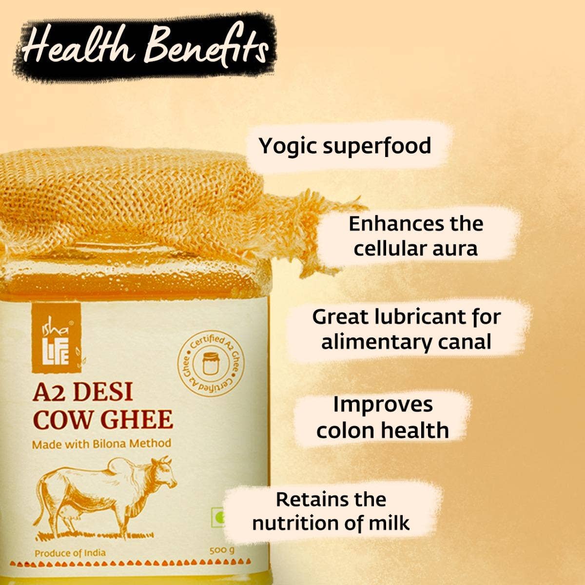 Pure A2 Desi Cow Ghee(250gm). Made traditionally from curd. Made from grass-fed free grazing desi cows' milk. Extracted using non-exploitative methods. Bilona ghee