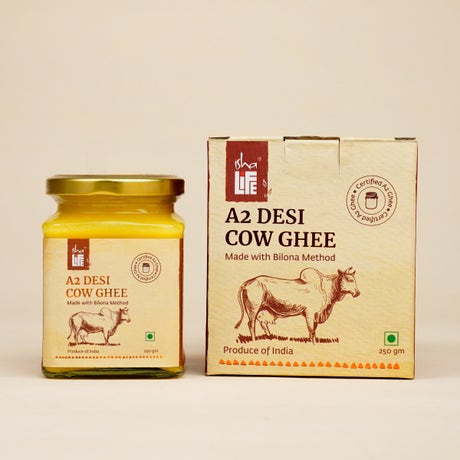 Pure A2 Desi Cow Ghee(250gm). Made traditionally from curd. Made from grass-fed free grazing desi cows' milk. Extracted using non-exploitative methods. Bilona ghee