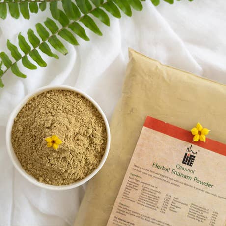 Ojasvini traditional herbal snanam powder. Isha’s unique Siddha formulation. Natural bath powder. Cleansing and rejuvenating. For naturally healthy skin (500 gms)