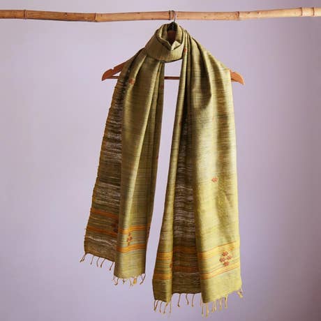 Elegant khaki yellow handwoven eri silk stole with delicate floral embroidery