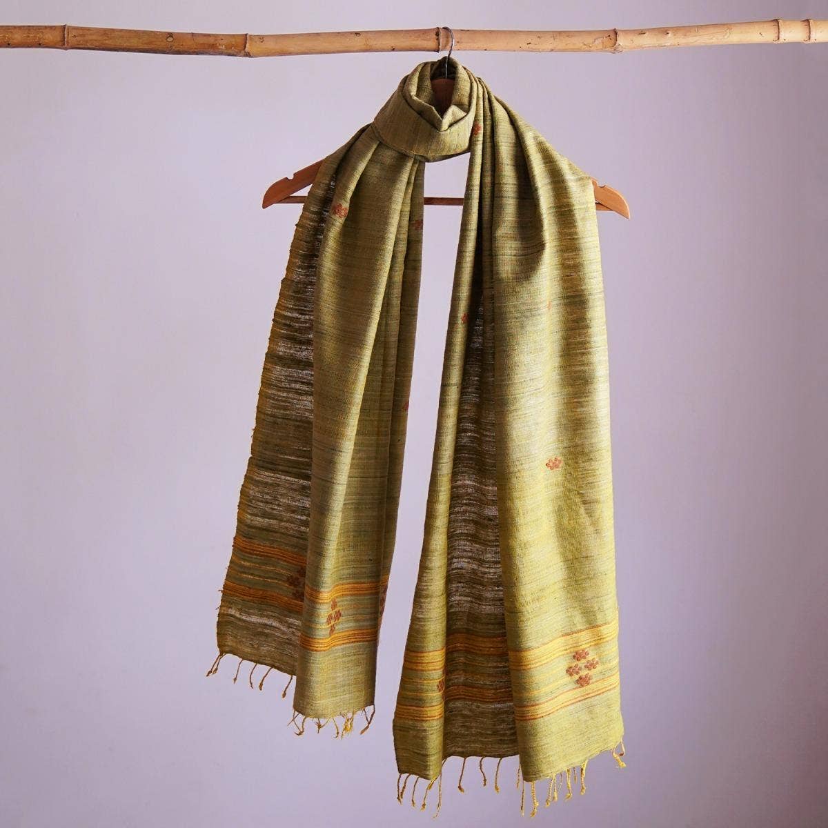 Elegant khaki yellow handwoven eri silk stole with delicate floral embroidery