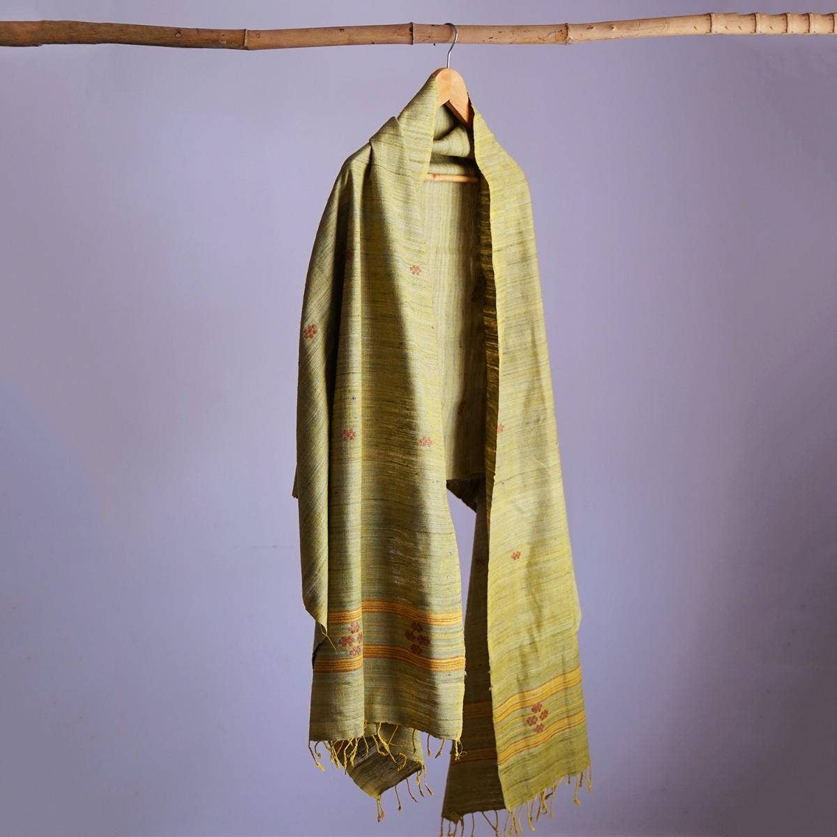 Elegant khaki yellow handwoven eri silk stole with delicate floral embroidery