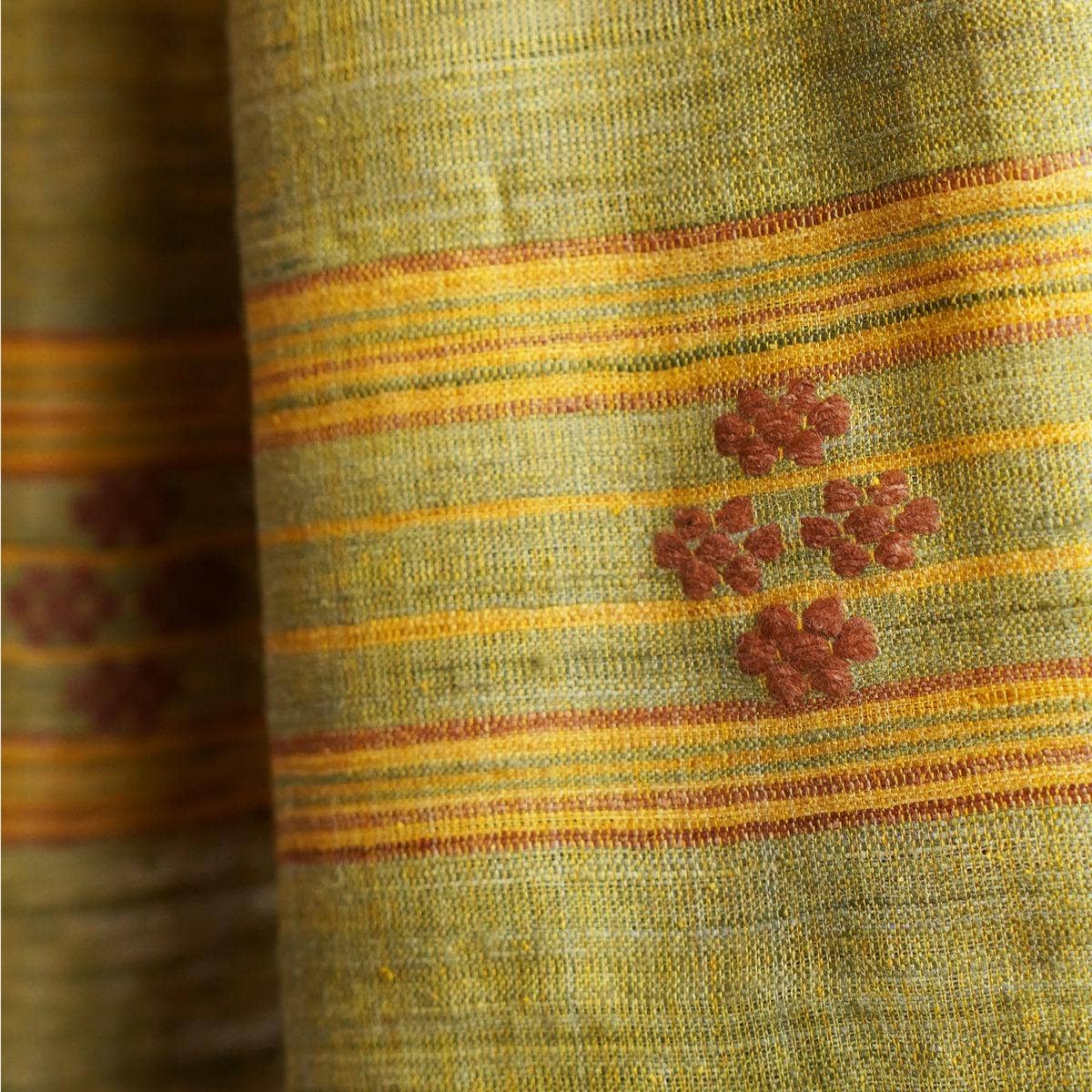 Elegant khaki yellow handwoven eri silk stole with delicate floral embroidery