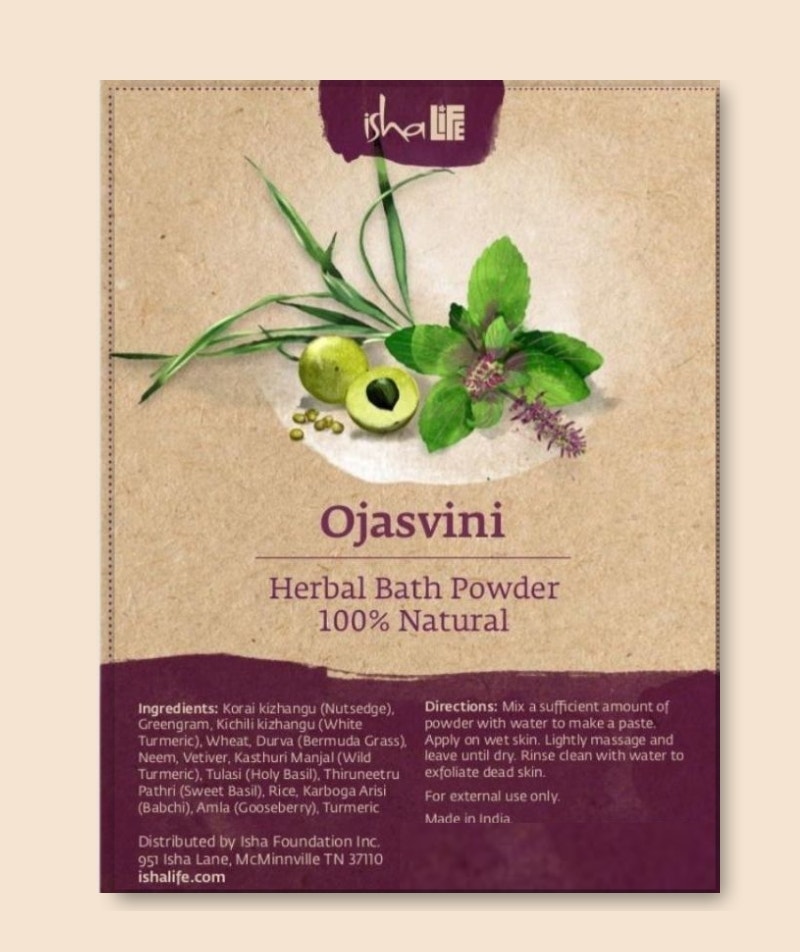 Ojasvini traditional herbal snanam powder. Isha’s unique Siddha formulation. Non-toxic bath powder. Cleansing, exfoliating, rejuvenating (100 gms)
