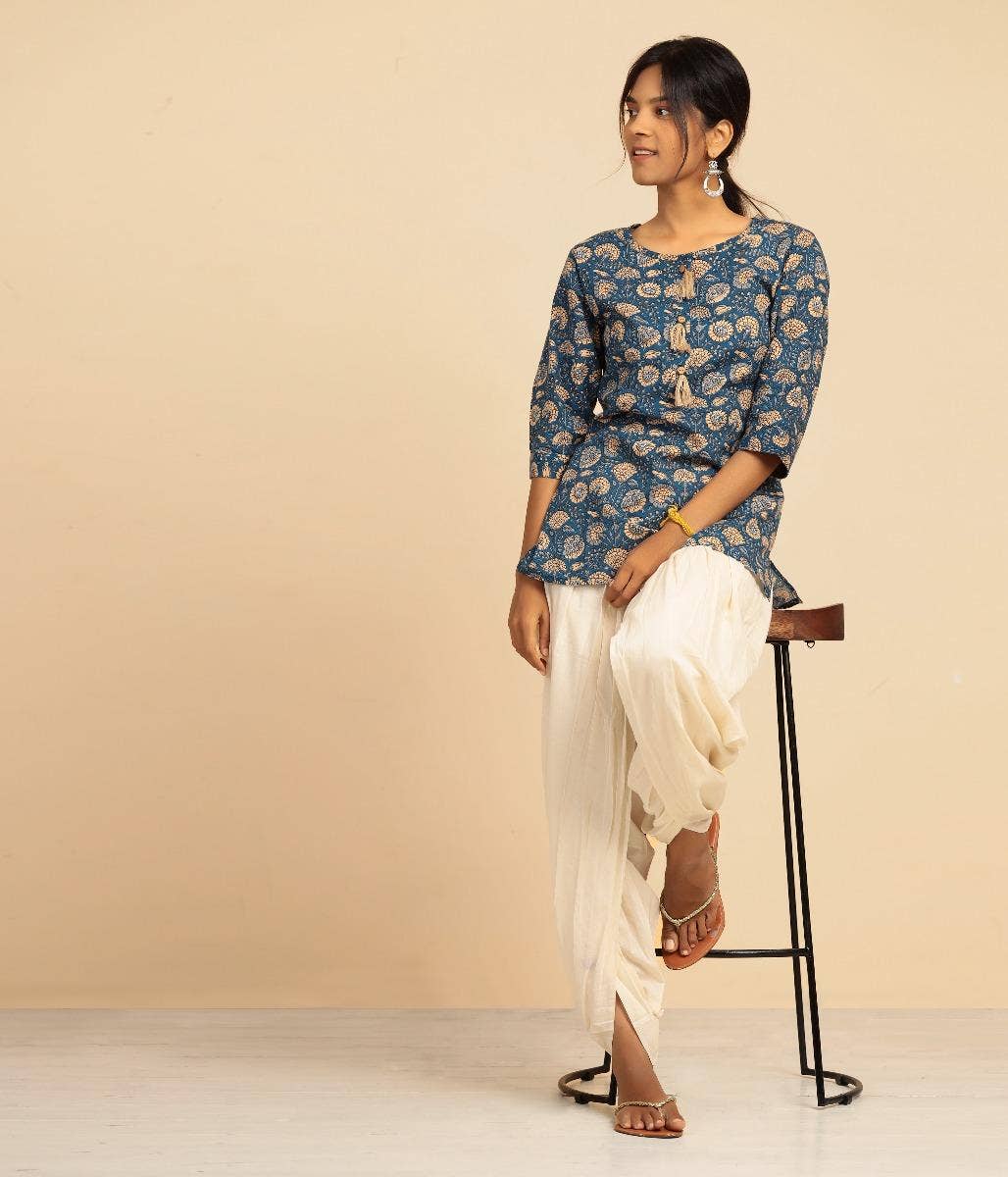 Womens Cotton Handblock Printed Short Kurta- Blue. A festive gift.
