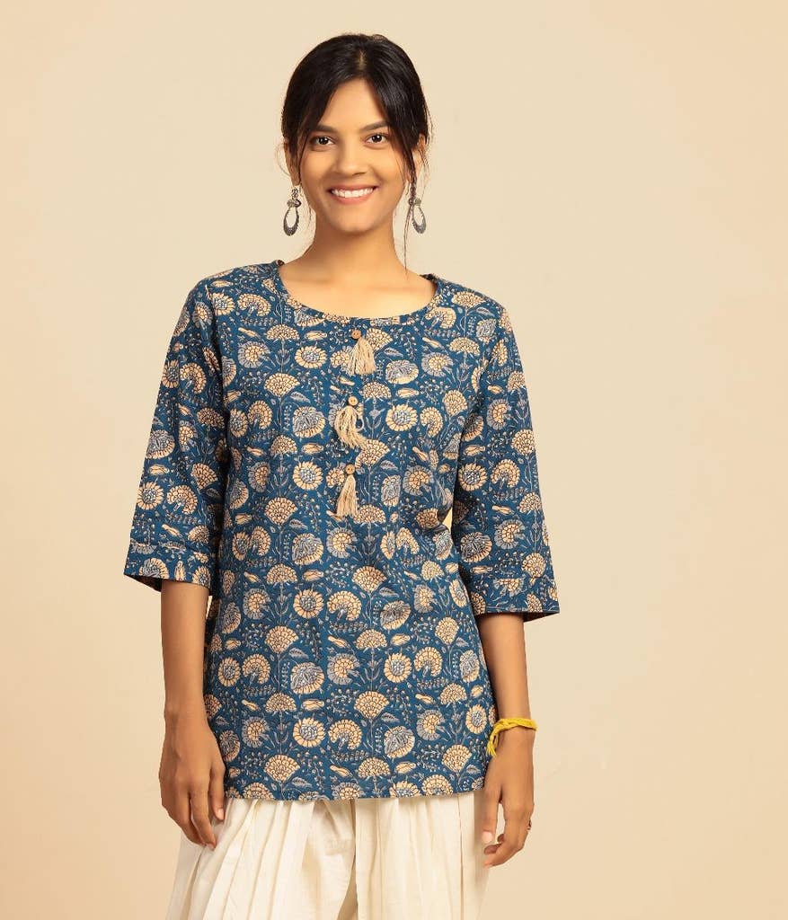 Womens Cotton Handblock Printed Short Kurta- Blue. A festive gift.