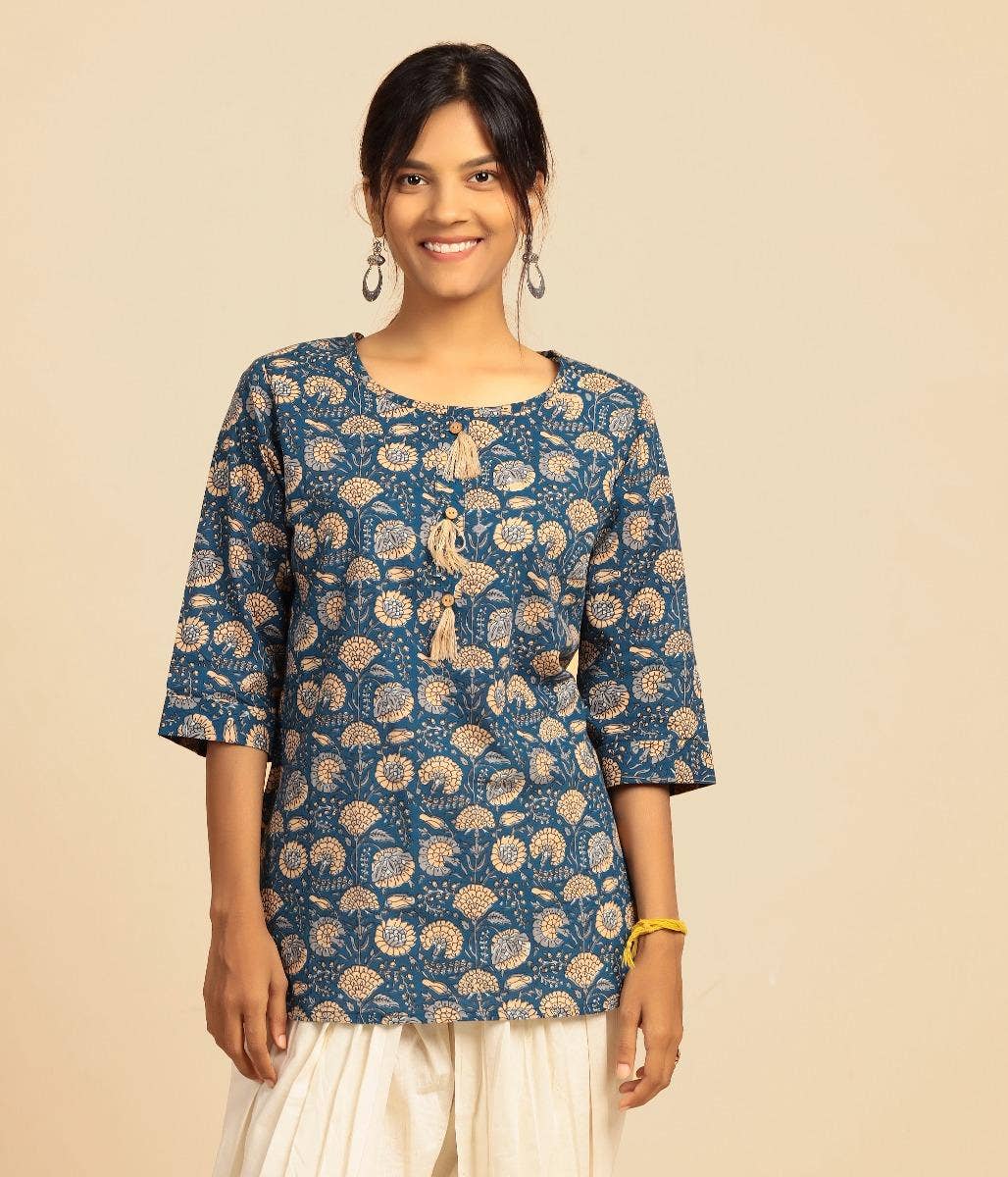 Womens Cotton Handblock Printed Short Kurta- Blue. A festive gift.