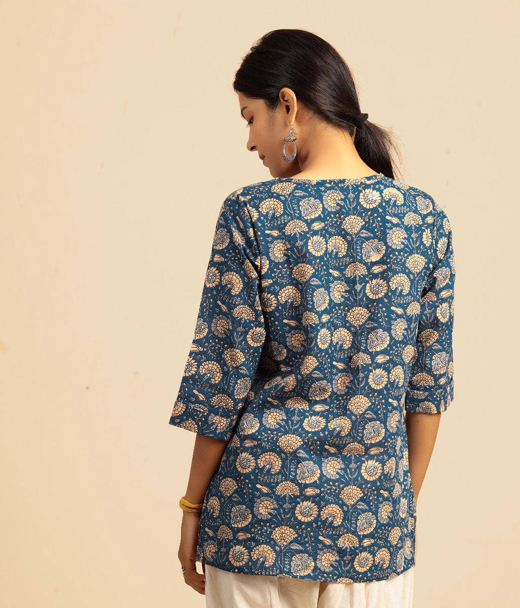 Womens Cotton Handblock Printed Short Kurta- Blue. A festive gift.
