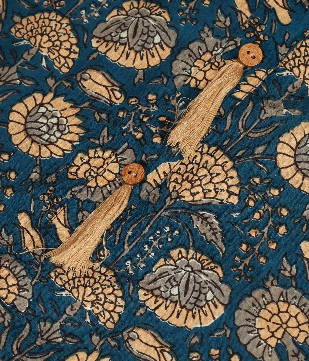 Womens Cotton Handblock Printed Short Kurta- Blue. A festive gift.