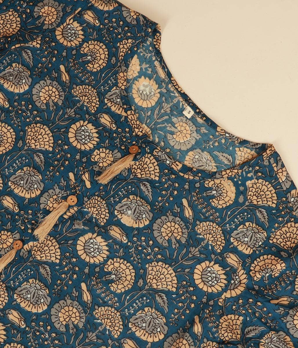 Womens Cotton Handblock Printed Short Kurta- Blue. A festive gift.