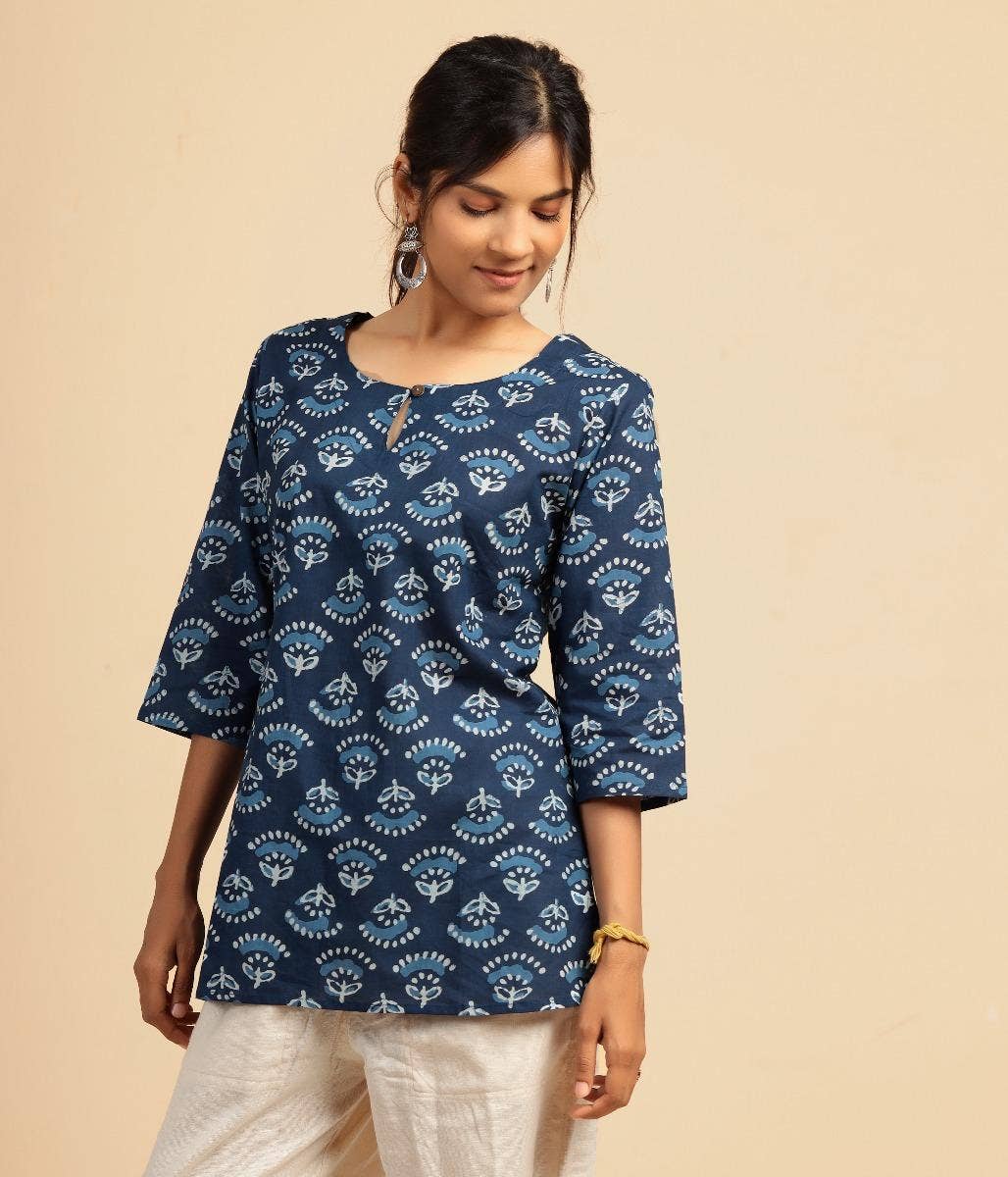 Womens cotton handblock printed kurta Blue Meadow