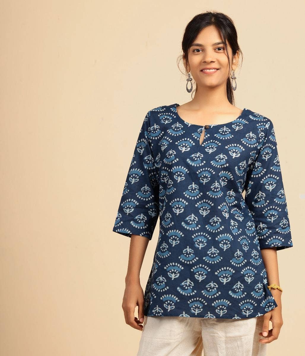 Womens cotton handblock printed kurta Blue Meadow