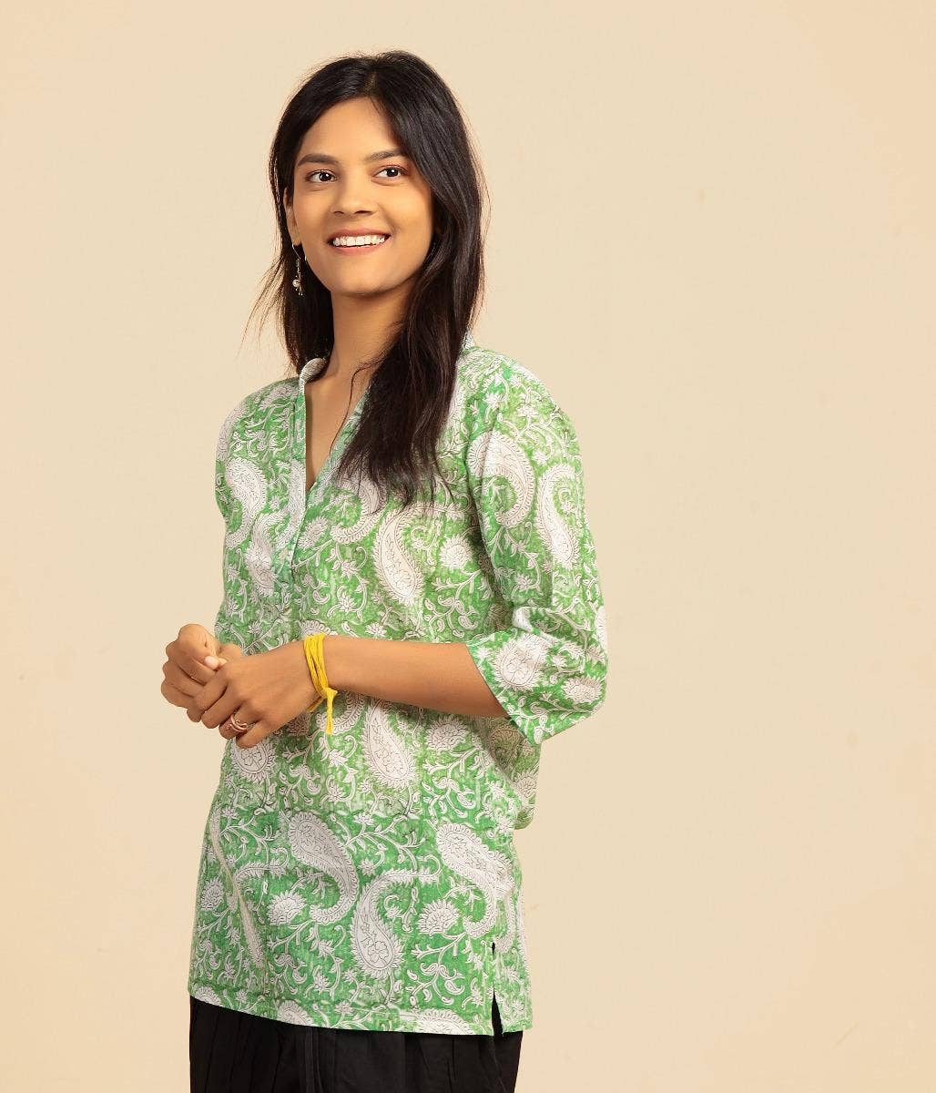 Womens cotton handblock printed kurta paisley garden