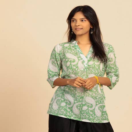 Fresh Paisley V-Neck Cotton Kurta for Women