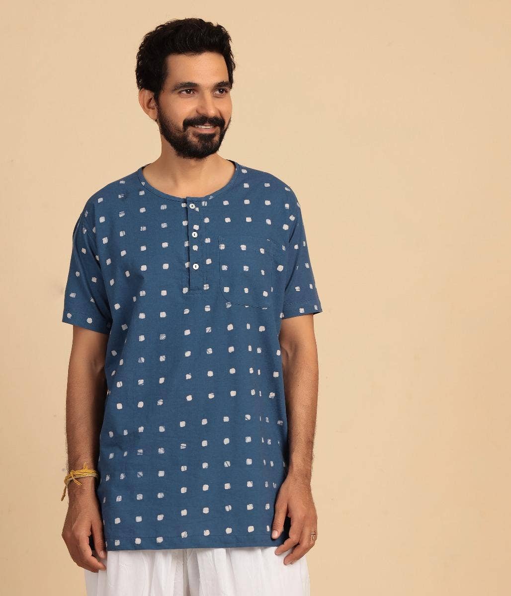 Men’s Kurta with Batik- Indigo. Short Sleeves. A festive gift